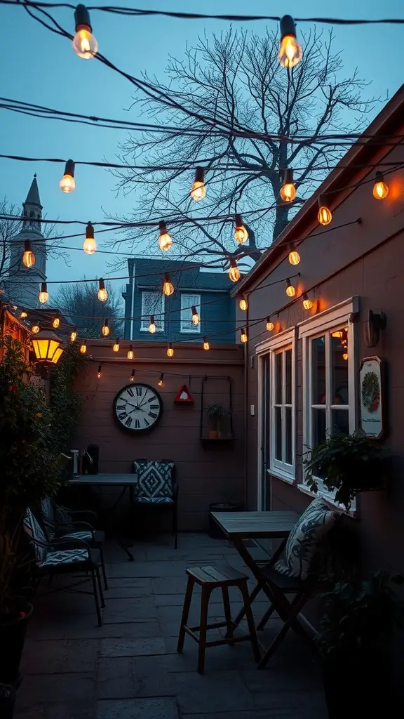 15 Creative Tiny Patio Ideas for Your Outdoor Space 6 A cozy patio with string lights hanging above, creating a warm atmosphere.