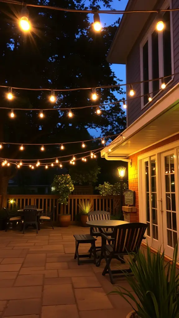 17 Inspiring Mexican Patio Ideas for Your Outdoor Space 5 A patio with string lights hanging above a table and chairs, creating a cozy evening atmosphere.