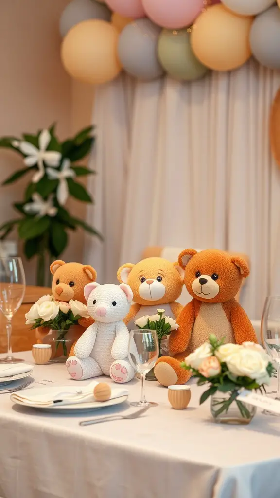 21 Adorable Baby Shower Table Centerpieces for Your Celebration 6 A table set for a baby shower featuring stuffed animal centerpieces with flowers.