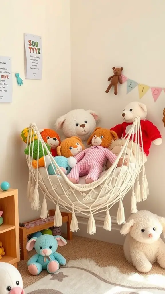 21 Creative Stuffed Animal Storage Ideas for a Tidy Space 2 A cozy stuffed animal hammock filled with colorful plush toys in a child's room.
