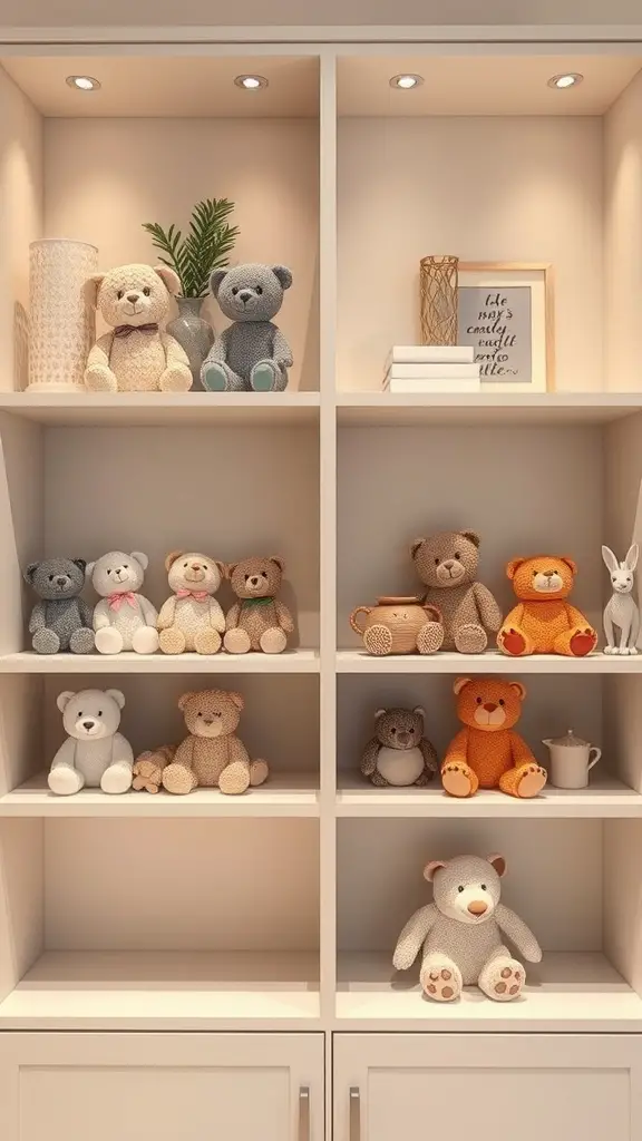 21 Creative Stuffed Animal Storage Ideas for a Tidy Space 5 A neatly organized shelf displaying various stuffed animals with decorative items.