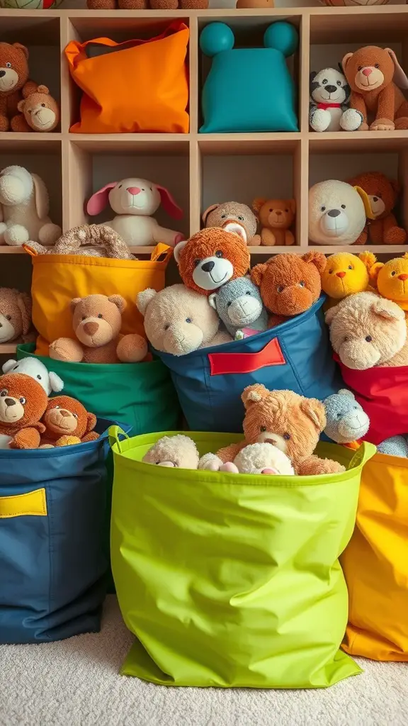 21 Creative Stuffed Animal Storage Ideas for a Tidy Space 14 Colorful stuffed animal storage bags filled with plush toys