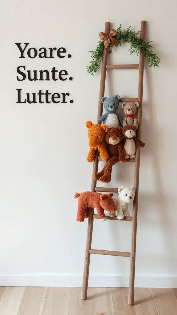 21 Creative Stuffed Animal Storage Ideas for a Tidy Space 12 A wooden ladder with stuffed animals displayed on it, decorated with a green garland and a bow.