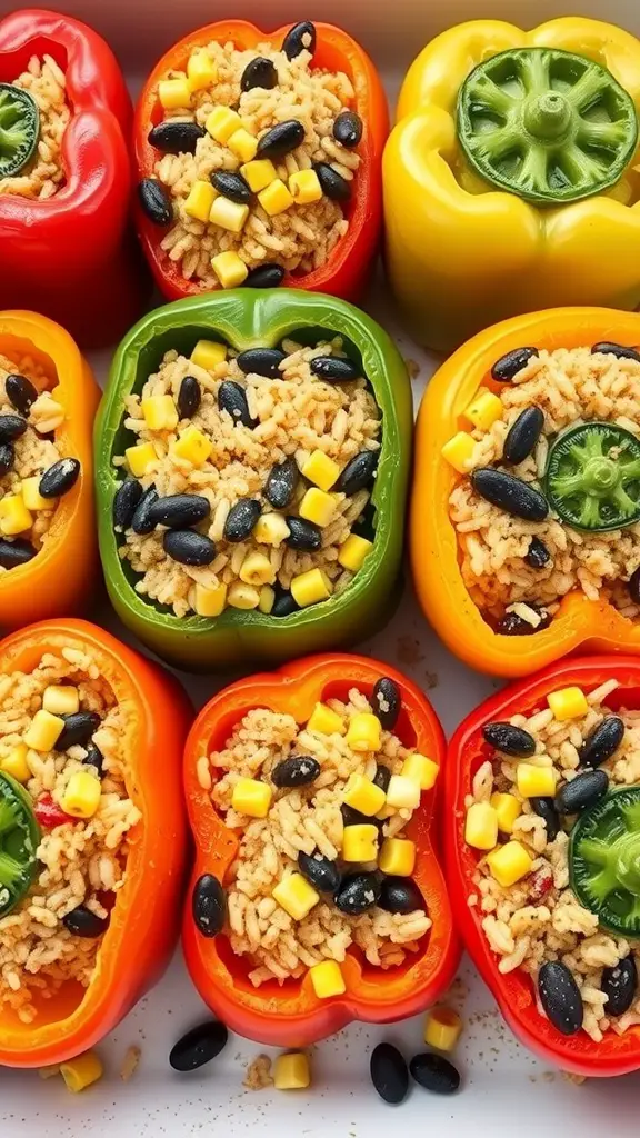 17 Creative Dish Garden Ideas to Elevate Your Space 4 Colorful stuffed bell peppers filled with rice, black beans, and corn.