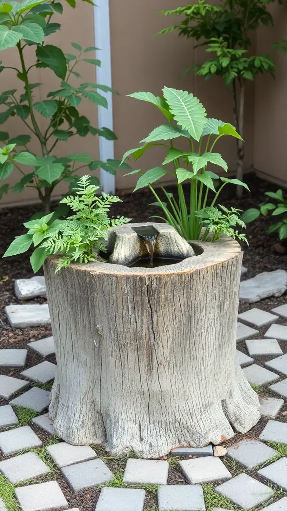 Tree stump planter with a water feature surrounded by greenery