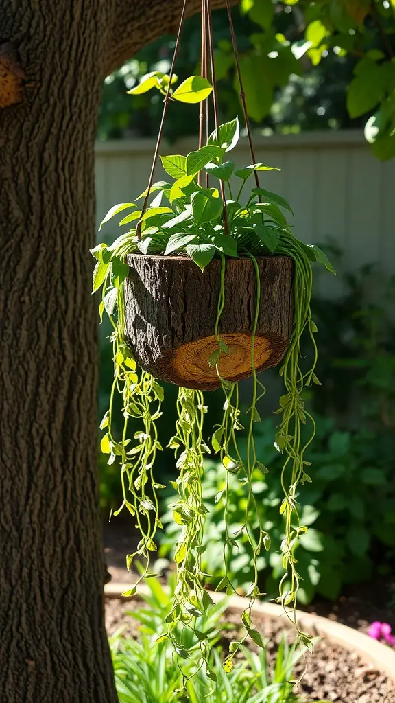A hanging planter made from a tree stump, filled with green plants cascading down.