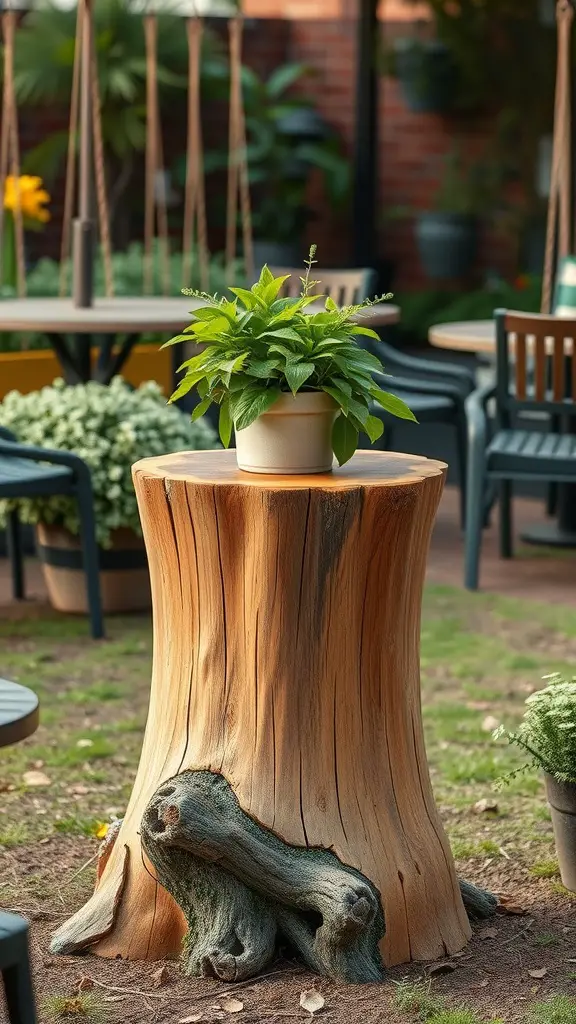 A tree stump serving as a table with a green plant on top, set in a garden with chairs and other plants.