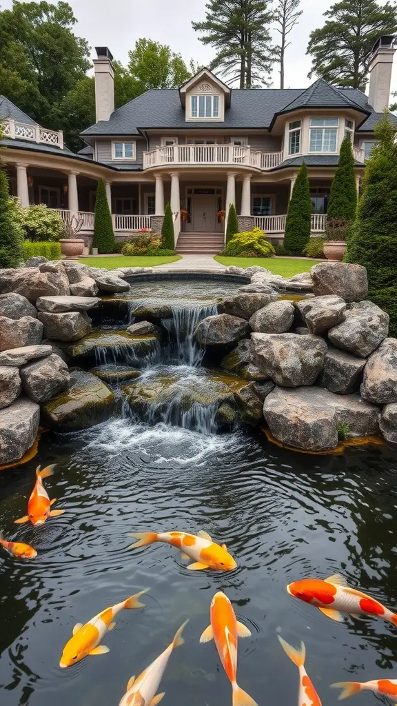 A stunning backyard pond with koi fish and a waterfall surrounded by rocks and greenery.