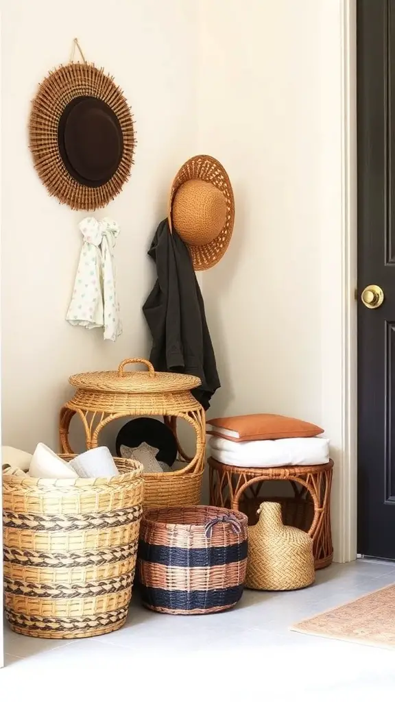 A collection of stylish woven baskets in an entryway, showcasing various sizes and shapes for clutter management.