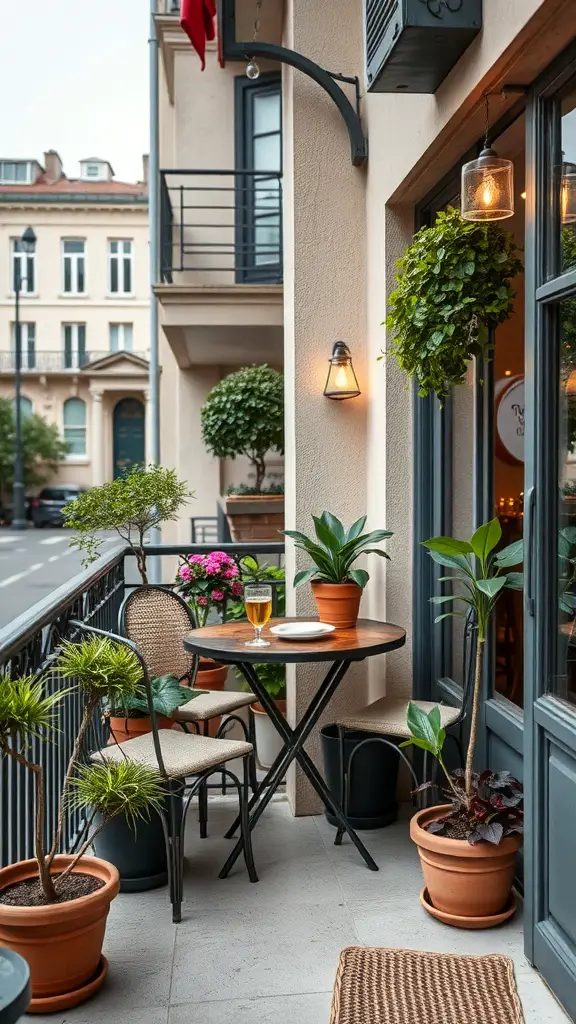 23 Stylish Outdoor Furniture Ideas for Your Dream Patio 11 A cozy bistro set on a balcony with potted plants and a drink on the table.