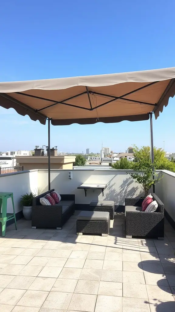 27 Stunning Rooftop Patio Designs for Your Outdoor Oasis 13 Rooftop patio with a stylish canopy providing shade over modern furniture.