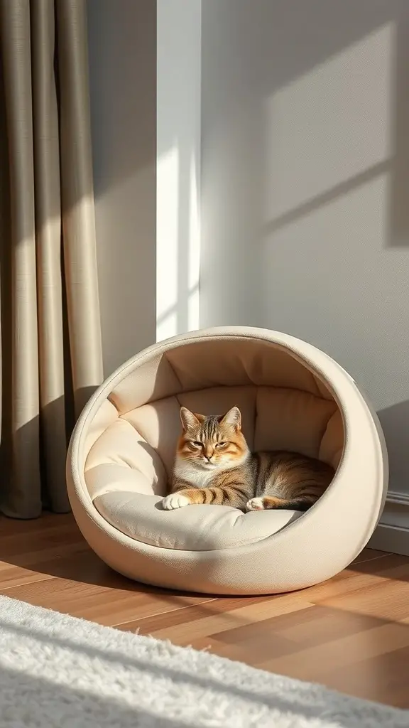 17 Purrfect Cat Apartment Ideas for Happy Felines 4 A stylish round cat bed with a cat lounging inside, set in a bright room with soft curtains.