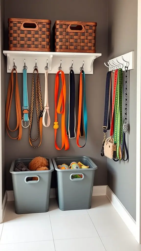 19+ Unique Dog Corner Ideas to Elevate Your Pet's Space 17 A stylish dog accessory storage area featuring a shelf with woven baskets and colorful leashes hanging on hooks, alongside gray bins for toys.