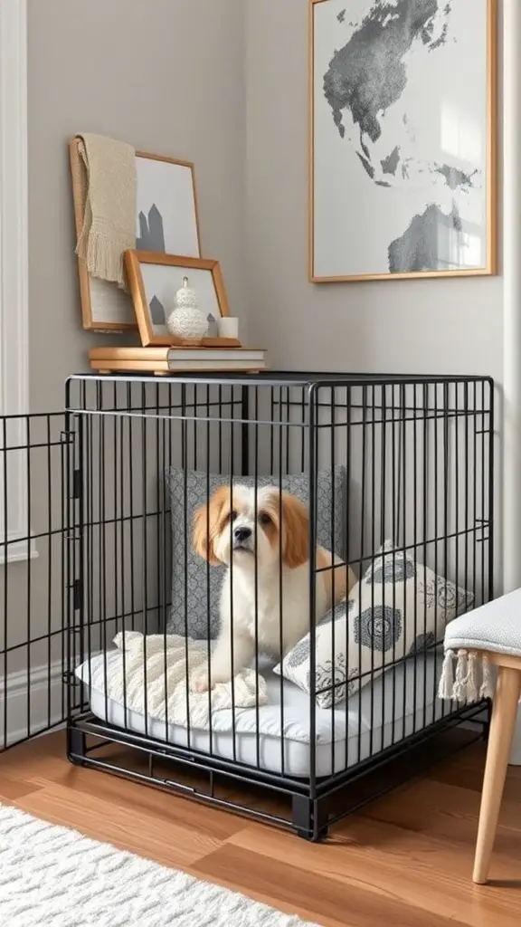 A stylish black dog crate with a cozy bed and pillows, placed in a modern room with decorative items.