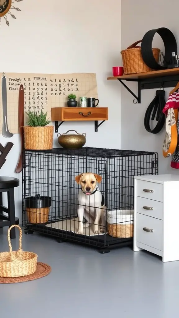 17+ Creative Dog Room Ideas for Your Garage 4 A stylish dog crate setup in a garage with decorative elements.