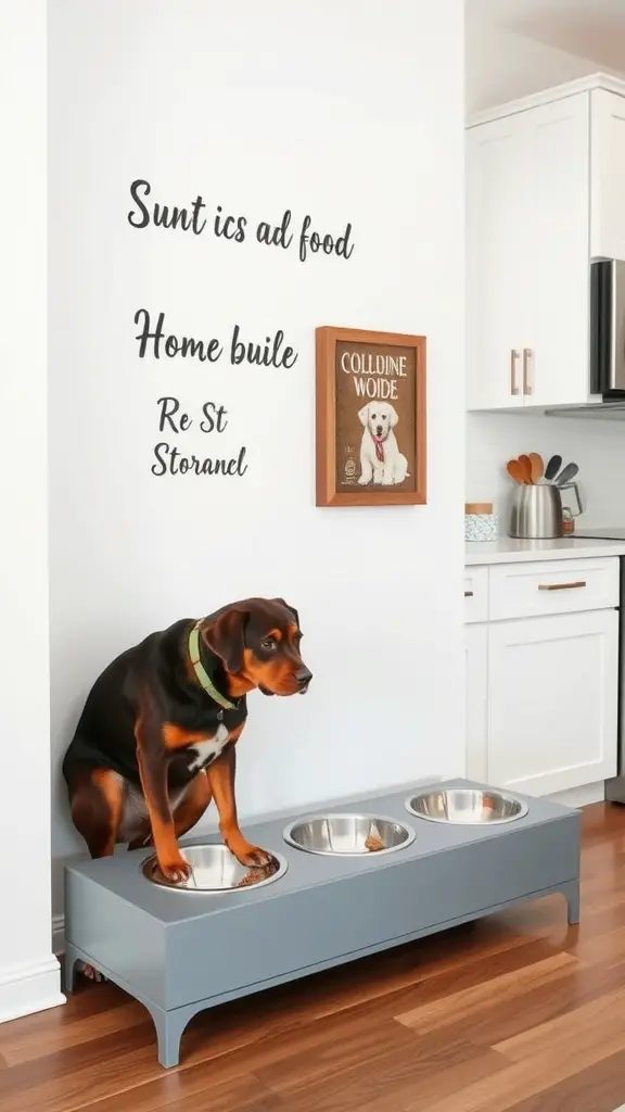 19+ Unique Dog Corner Ideas to Elevate Your Pet's Space 9 A stylish dog feeding station with a dog sitting on it, featuring three stainless steel bowls and decorative wall art.