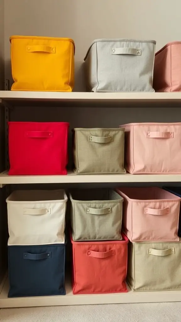 21 Creative Fabric Storage Solutions You Need to Try 9 A shelf displaying colorful fabric storage bins in various shades.