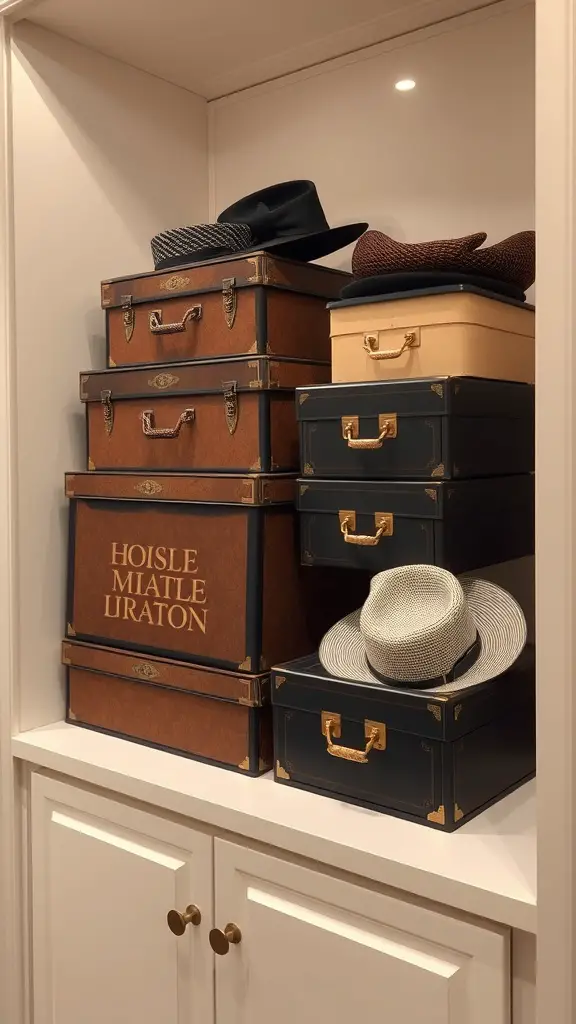 19 Creative Hat Rack Ideas for Your Home 12 A stylish arrangement of stacked hat boxes in a storage space.