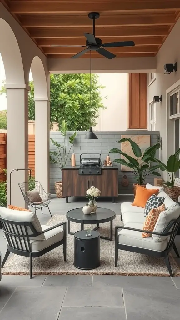 Stylish enclosed patio with modern furniture and greenery