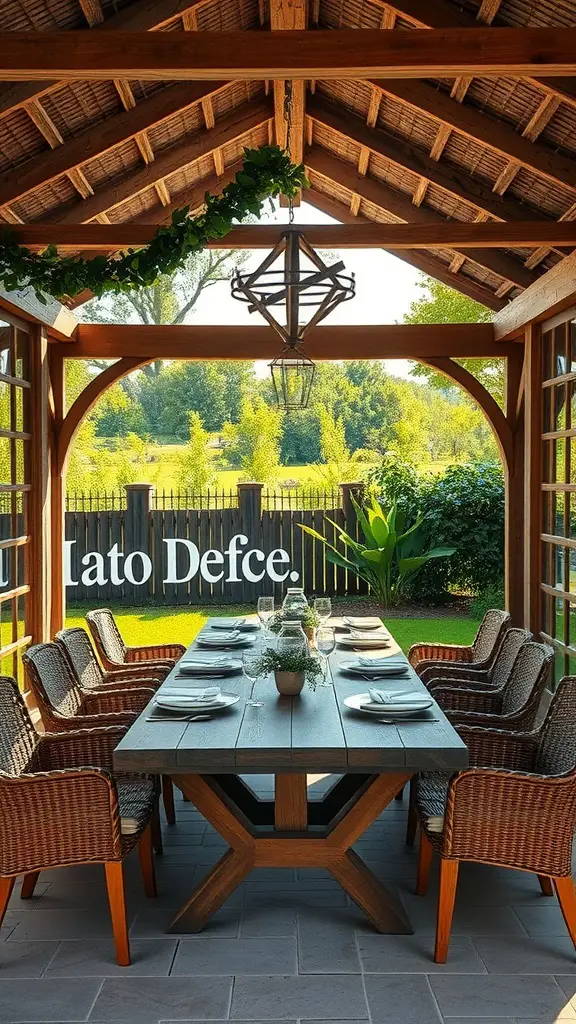23 Inspiring Garden House Ideas for Your Outdoor Oasis 15 A stylish outdoor dining pavilion with a wooden table set for a meal, surrounded by greenery.