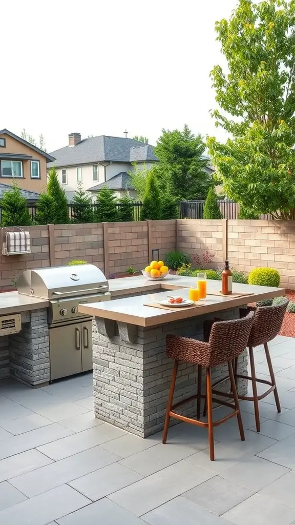 Stylish outdoor kitchen with a grill and bar stools in a backyard setting.
