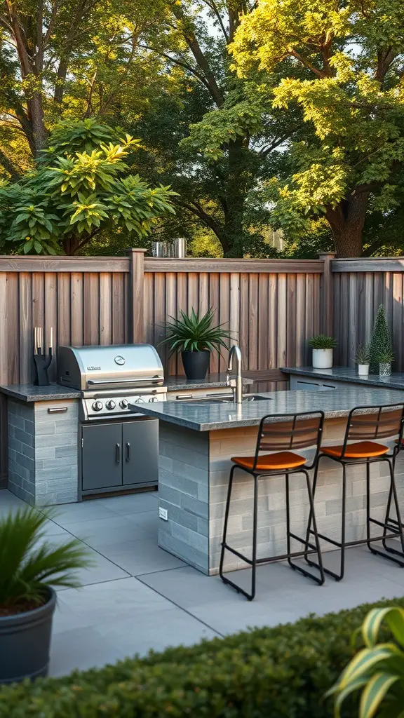 23 Amazing Backyard Ideas for Your Bloxburg Home 10 Stylish outdoor kitchen with a grill and bar stools surrounded by greenery