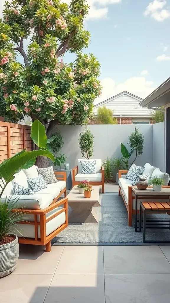 17 Inspiring Backyard Decorating Ideas to Transform Your Outdoor Space 4 Stylish outdoor lounge with comfortable seating, plants, and a coffee table.