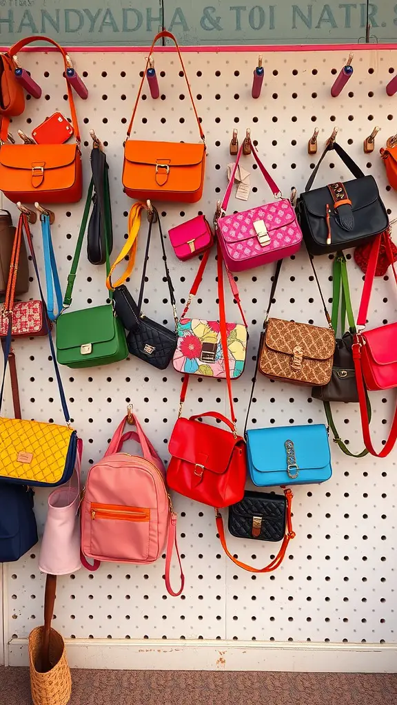 A colorful display of purses hanging on a pegboard, showcasing various styles and colors.