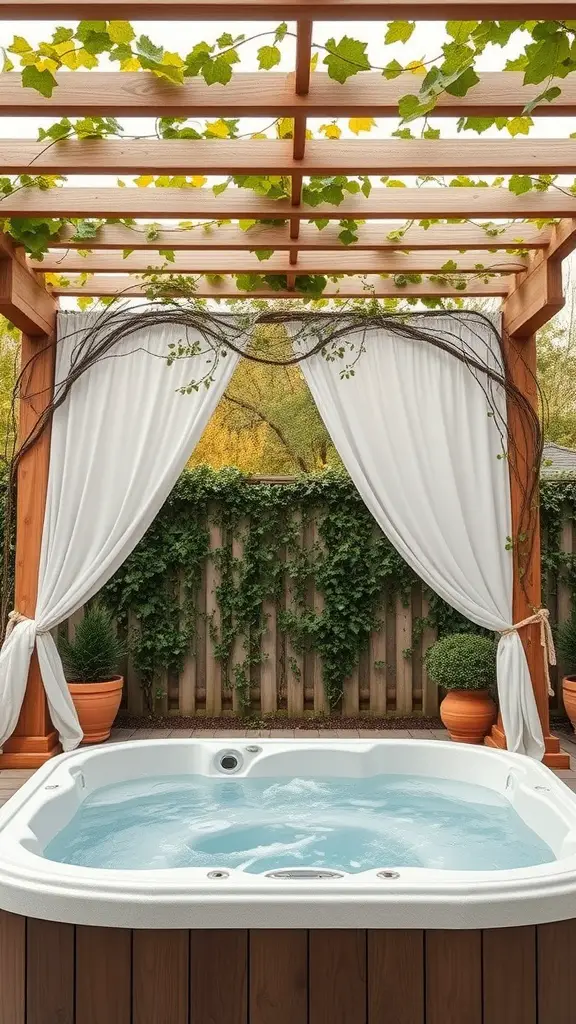 21 Amazing Hot Tub Backyard Ideas for Your Outdoor Oasis 15 A hot tub under a wooden pergola with vines and curtains, surrounded by greenery.