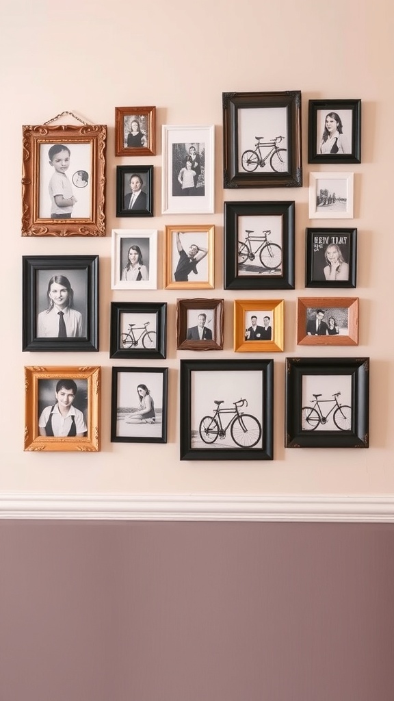21 Creative Dollar Tree DIY Home Decor Ideas 4 A stylish gallery wall featuring various photo frames in different colors and sizes, displaying black and white photographs.