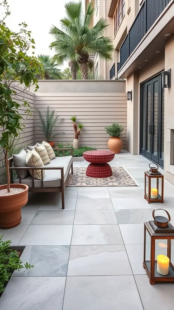 29 Stunning Outdoor Paver Patio Ideas to Transform Your Backyard 9 Stylish outdoor patio with porcelain pavers, seating area, and greenery.