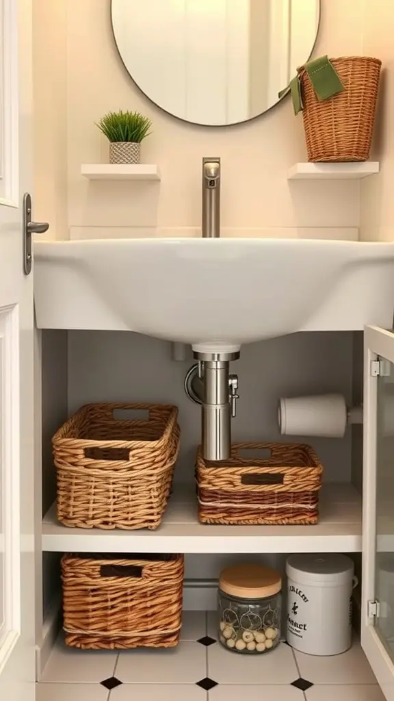 19 Stunning Small Full Bathroom Ideas for Maximum Style 10 Stylish under-sink storage with woven baskets and decorative items