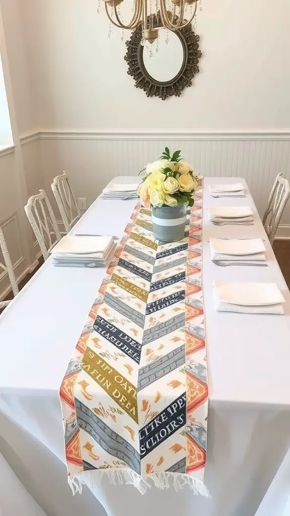 17 Creative Dollar Tree Baby Shower Ideas on a Budget 13 A table set for a baby shower featuring a colorful table runner and a floral centerpiece.