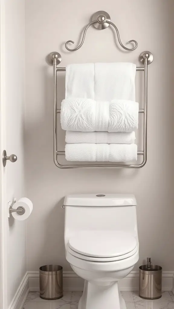23+Chic Back of Toilet Decor Ideas to Transform Your Bathroom 4 Stylish towel rack with neatly rolled white towels above a toilet in a modern bathroom