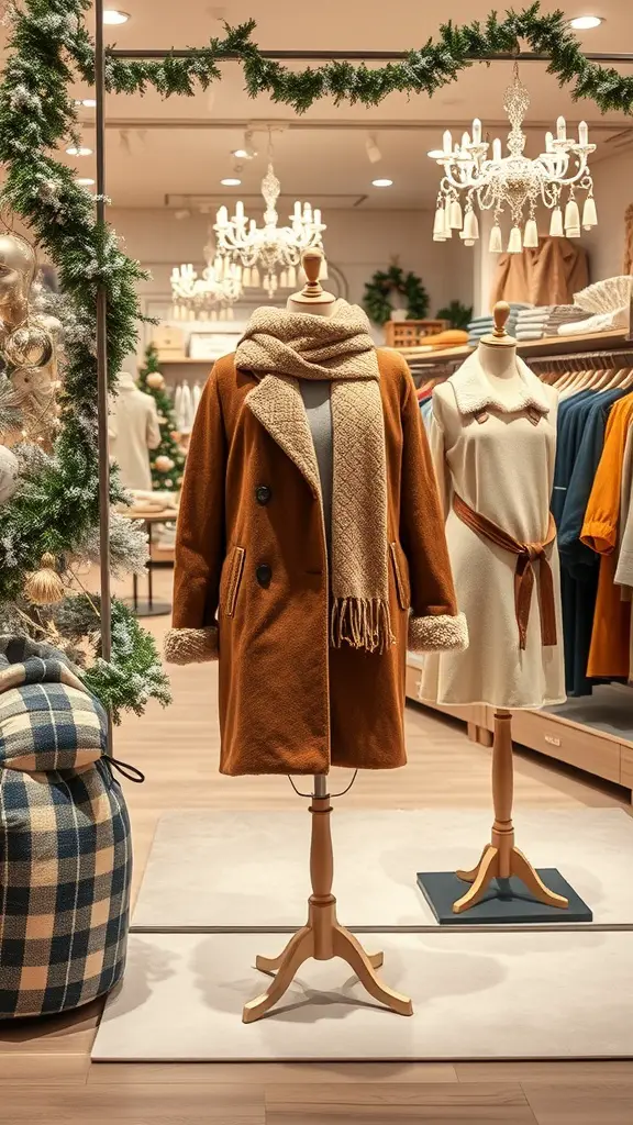 A stylish winter apparel display featuring a brown coat and scarf in a cozy store setting.
