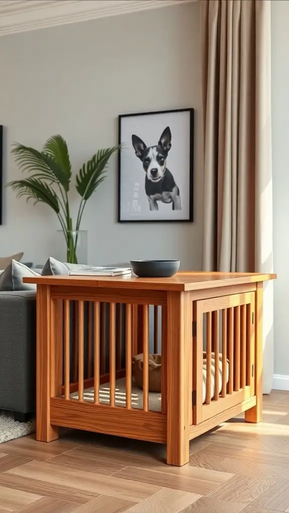 17+ Creative Dog Crate Ideas for Stylish Pet Spaces 4 Stylish wooden dog crate furniture in a modern living room