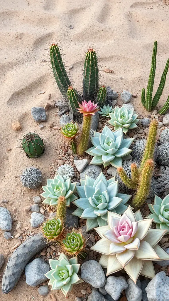 A beautiful arrangement of succulents and cacti on sandy ground, showcasing various shapes and colors.