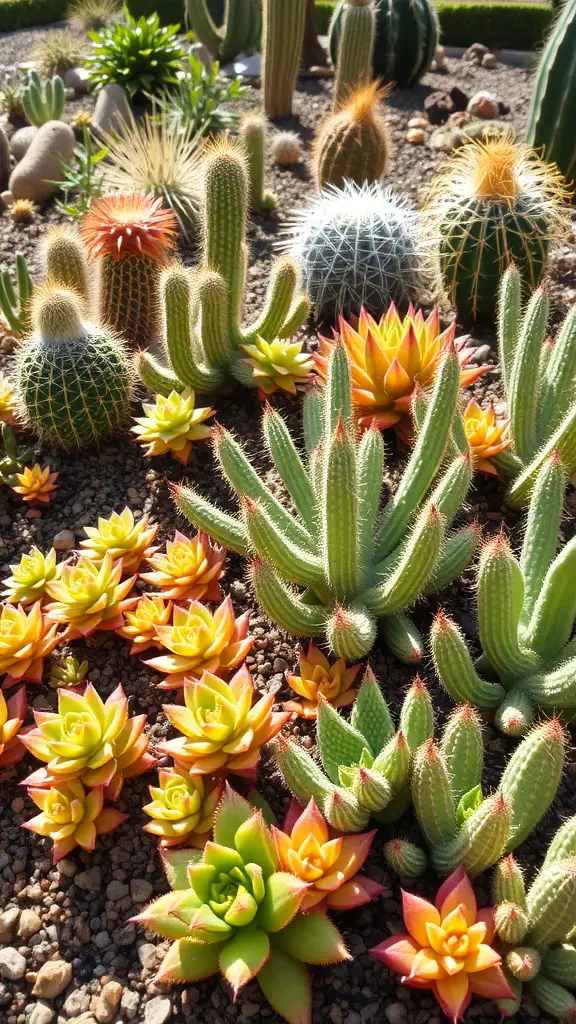 17 Stunning Succulent Garden Ideas for Your Home 7 A vibrant arrangement of succulents and cacti in a garden bed.