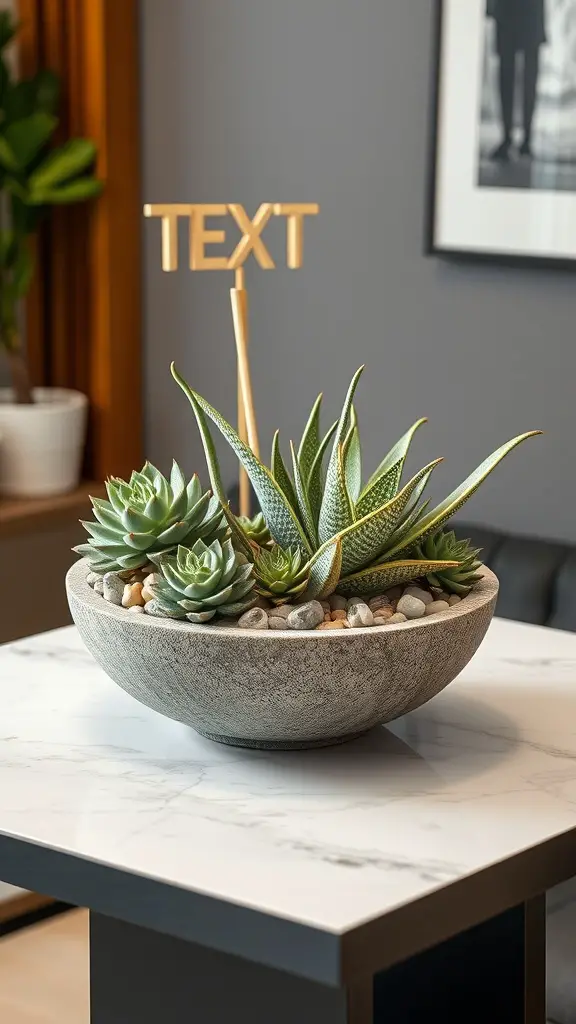 17 Stunning Fall Centerpieces for Your Dining Table 8 A succulent centerpiece in a stone bowl with small pebbles and a decorative sign.
