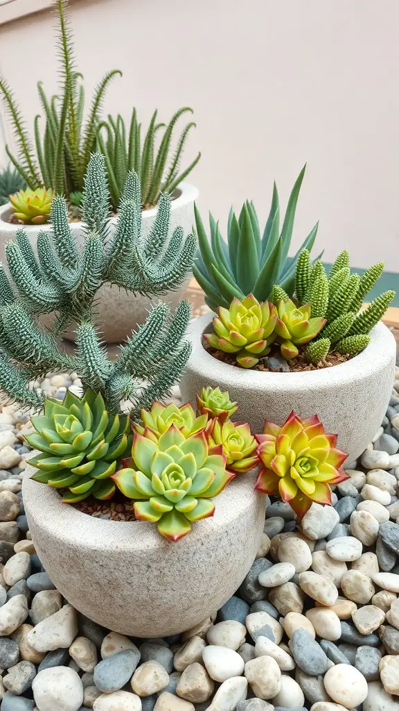 Succulent arrangements in stone planters with pebbles