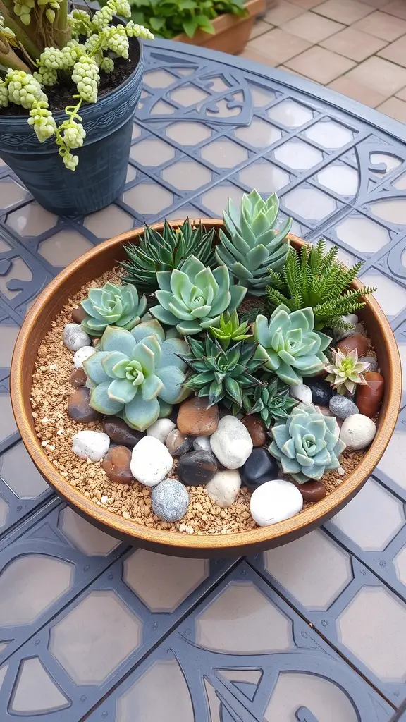 17 Stunning Succulent Garden Ideas for Your Home 15 A bowl garden filled with various succulents and decorative pebbles on a table.