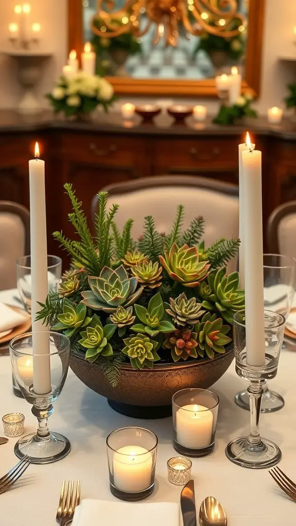 17 Stunning Succulent Garden Ideas for Your Home 4 A dining table with a succulent centerpiece, surrounded by candles and elegant tableware.