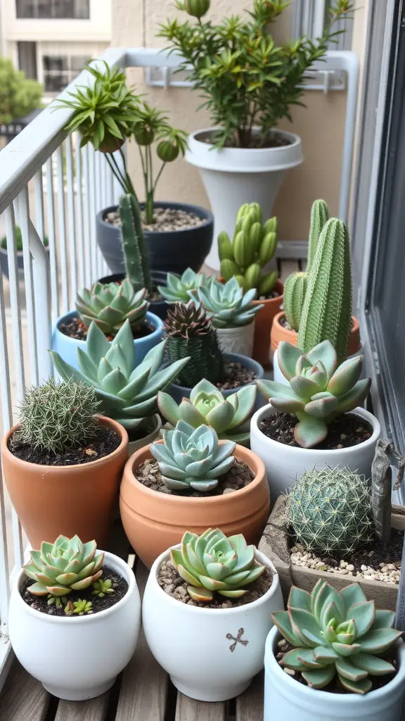 21 Creative Balcony Landscaping Ideas You’ll Love 11 A variety of succulents in colorful pots on a balcony