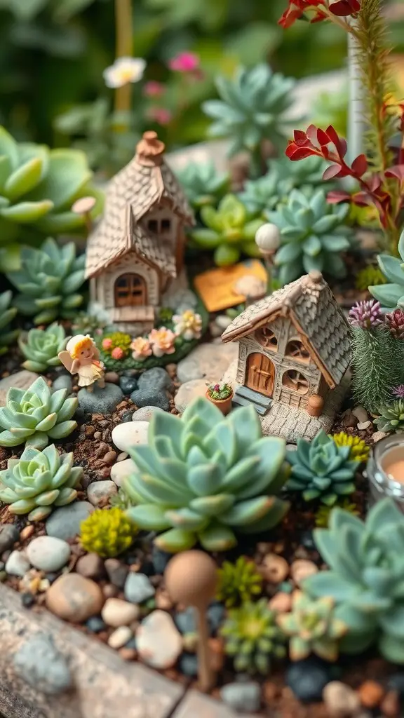 17 Stunning Succulent Garden Ideas for Your Home 17 A whimsical succulent fairy garden with miniature houses and colorful plants.