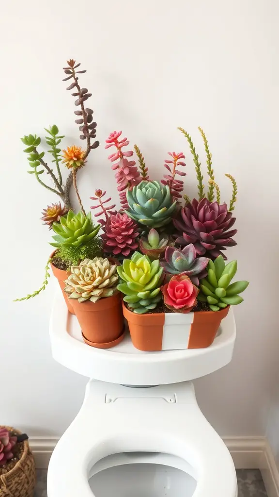 23+Chic Back of Toilet Decor Ideas to Transform Your Bathroom 9 Colorful succulent garden displayed on the back of a toilet