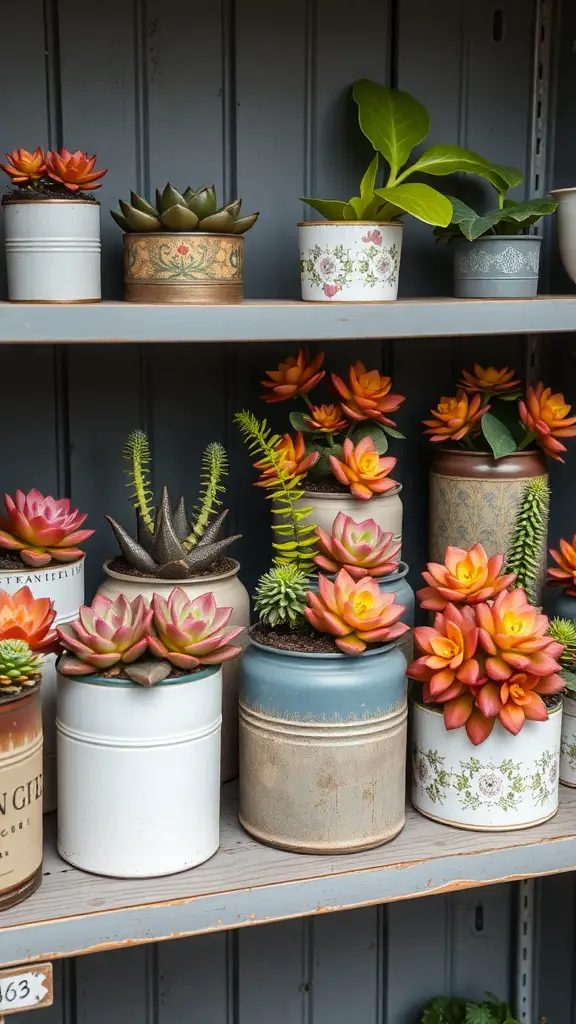 17 Stunning Succulent Garden Ideas for Your Home 9 A collection of succulents in vintage containers, showcasing various designs and colors.