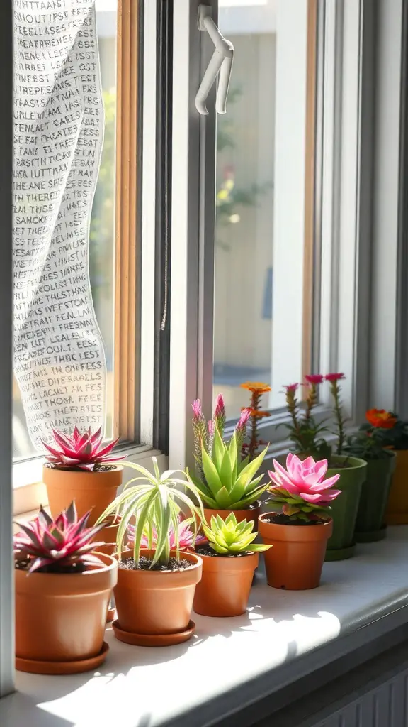 17 Stunning Succulent Garden Ideas for Your Home 12 A bright windowsill filled with colorful succulents in terracotta pots.