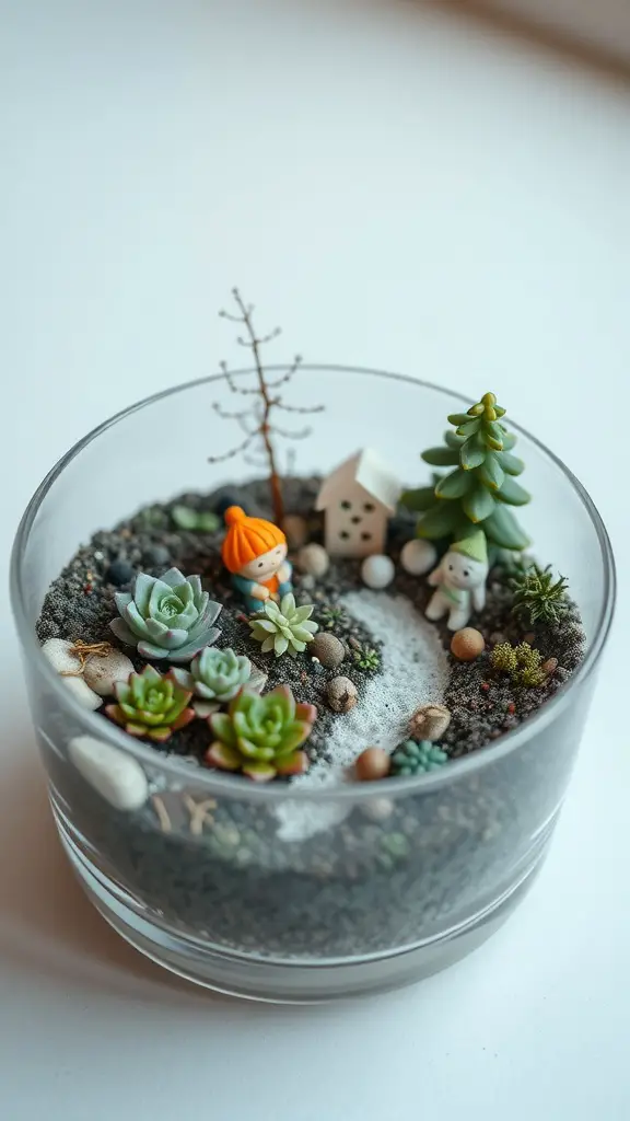 17 Stunning Succulent Garden Ideas for Your Home 14 A miniature succulent landscape in a clear container featuring various succulents, tiny figurines, and decorative stones.