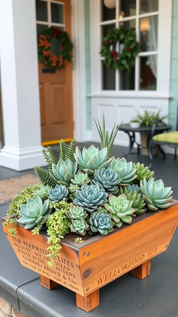17 Stunning Succulent Garden Ideas for Your Home 11 A wooden succulent planter box filled with various succulents, placed on a porch with a welcoming entrance.