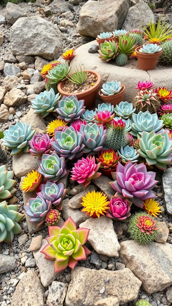 19 Creative Rock Landscaping Ideas for a Stunning Outdoor Space 8 Colorful succulent rock arrangement with various succulents and stones.
